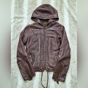Doma Brown Leather Hooded Jacket - L
